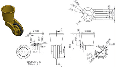 Brass Castor Round Cup with Rubber Tyre