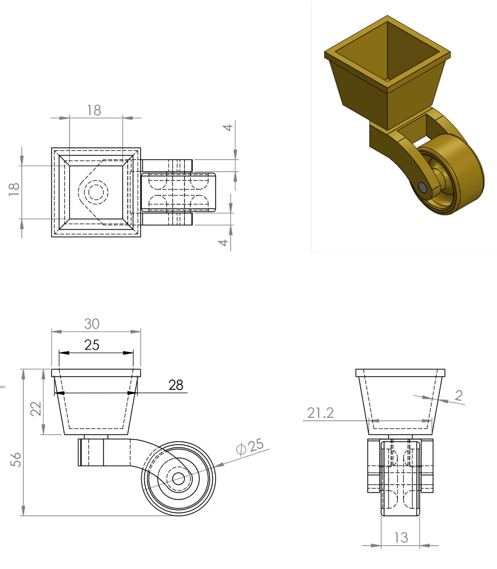 Brass Castor Square Cup with Rubber Tyre