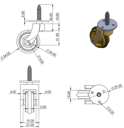 Brass Screw Castor with Rubber Tyre and Round Embellisher