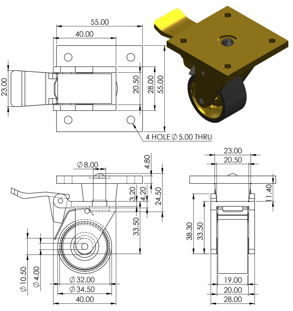 Brass Universal Plate Castor with Brake