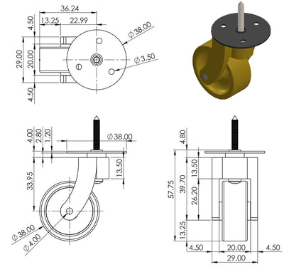 Brass Screw Castor with Round Embellisher