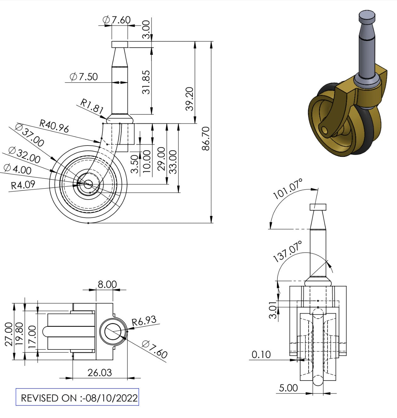 Brass Castor Grip Neck with Rubber Tyre and Socket