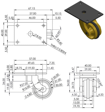 Brass Castor Universal Plate with Rubber Tyre