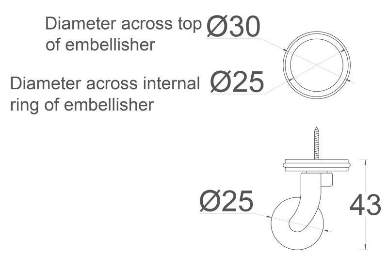 Chrome Screw Castor with White Ceramic Wheel and Round Embellisher