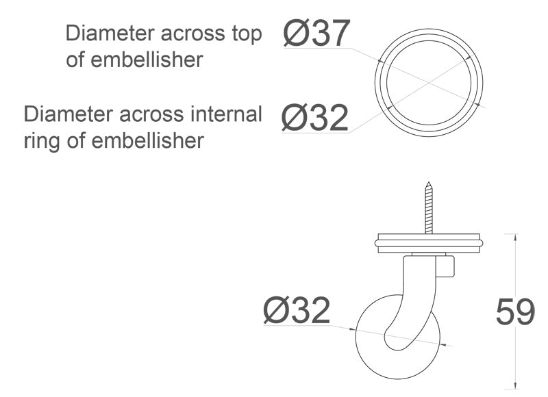 Brass Screw Castor with Black Ceramic Wheel and Round Embellisher